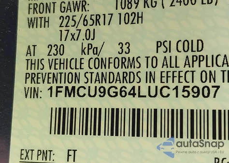 2020 Ford Escape Se z USA, uszkodzony, nr VIN 1FMCU9G64LUC15907